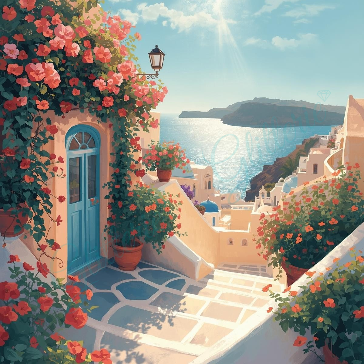 Broderie Diamant - Santorini blue door