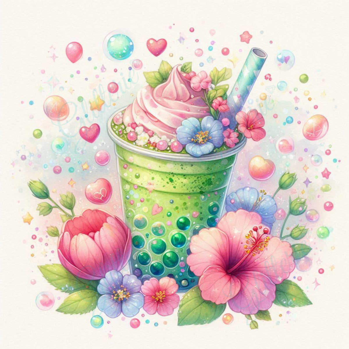 Broderie Diamant - Bubble tea fleuri - Glitterie